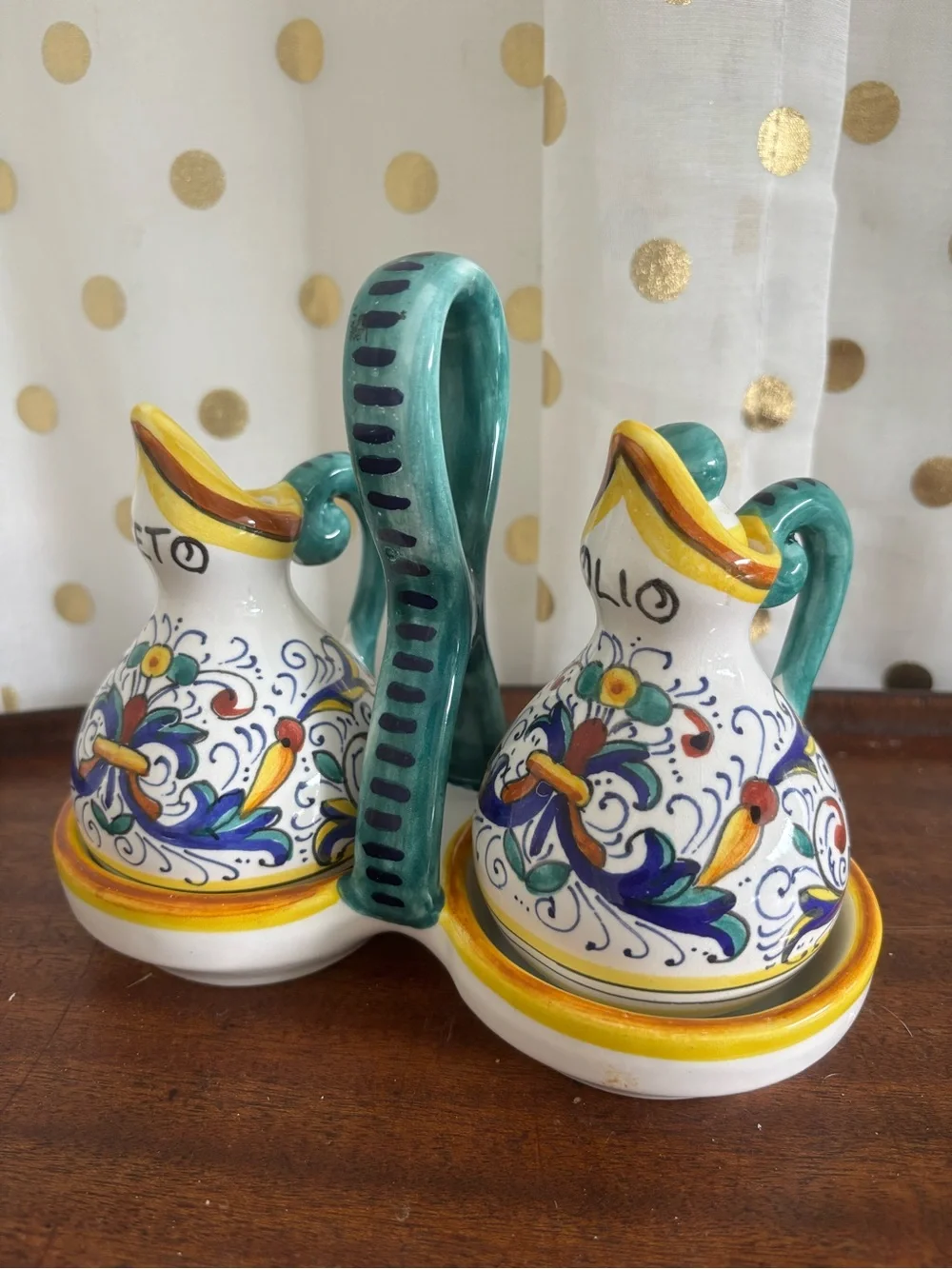 Ricco Deruta Italian Oil and Vinegar Cruet Set W Caddy Hand Painted Mediteranean